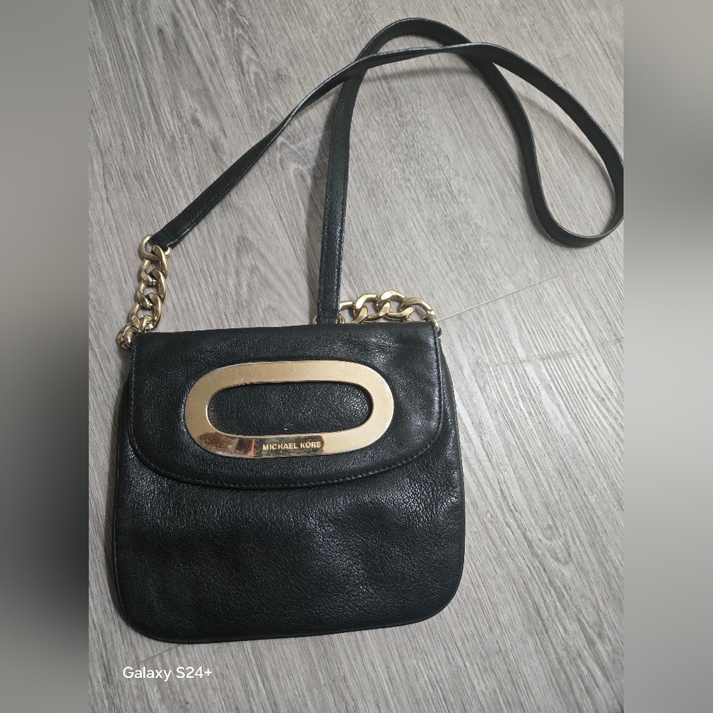 Michael Kors Berkley Black Leather and Gold Metal Crossbody Bag